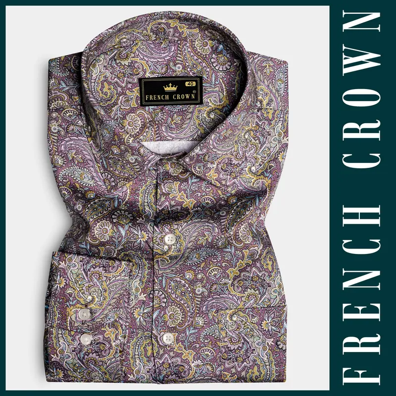 Siennaorchid-Viola Purple And Desert Yellow Multi Color Paisley Printed Subtle Sheen Super Soft Premium Cotton Dress Shirt 15