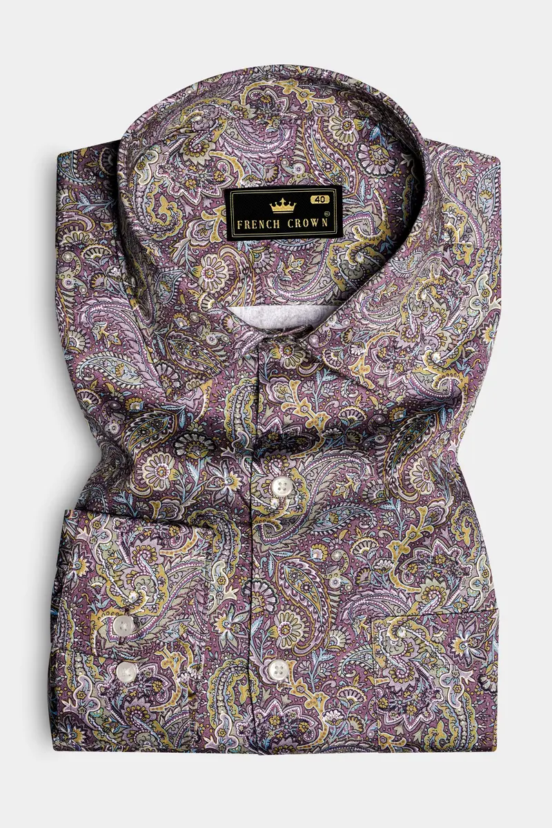 Siennaorchid-Viola Purple And Desert Yellow Multi Color Paisley Printed Subtle Sheen Super Soft Premium Cotton Dress Shirt 3