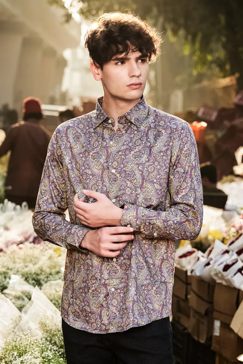 Siennaorchid-Viola Purple And Desert Yellow Multi Color Paisley Printed Subtle Sheen Super Soft Premium Cotton Dress Shirt 5