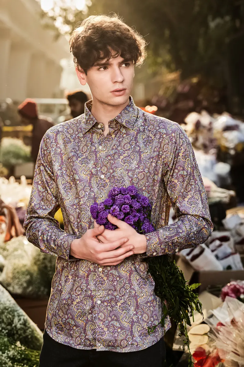 Siennaorchid-Viola Purple And Desert Yellow Multi Color Paisley Printed Subtle Sheen Super Soft Premium Cotton Dress Shirt 6