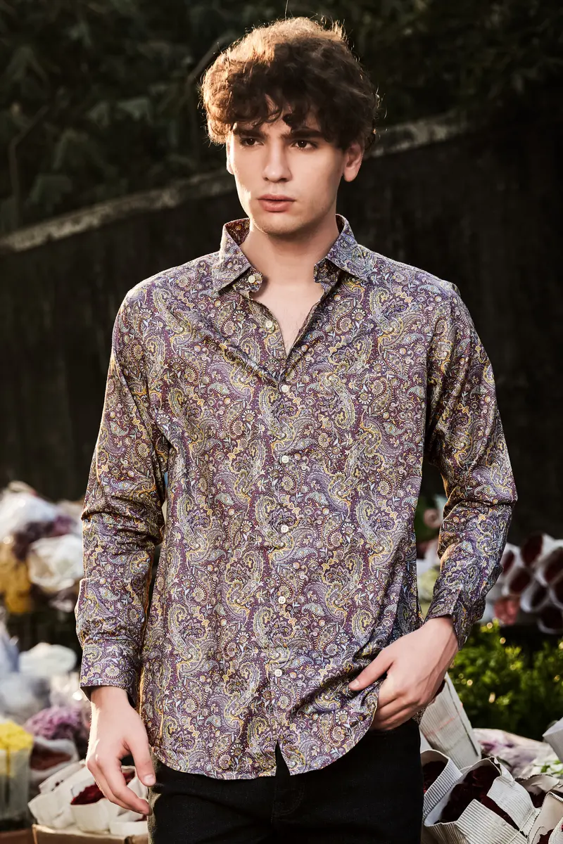 Siennaorchid-Viola Purple And Desert Yellow Multi Color Paisley Printed Subtle Sheen Super Soft Premium Cotton Dress Shirt 7