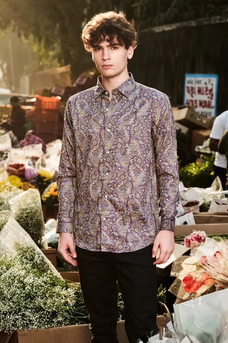 Siennaorchid-Viola Purple And Desert Yellow Multi Color Paisley Printed Subtle Sheen Super Soft Premium Cotton Dress Shirt 9