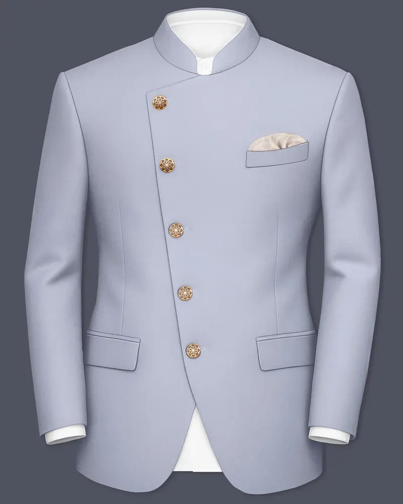 Silgrove-Loblolly Gray Wool Rich Cross Placket Bandhgala Slight Stretch Blazer 1