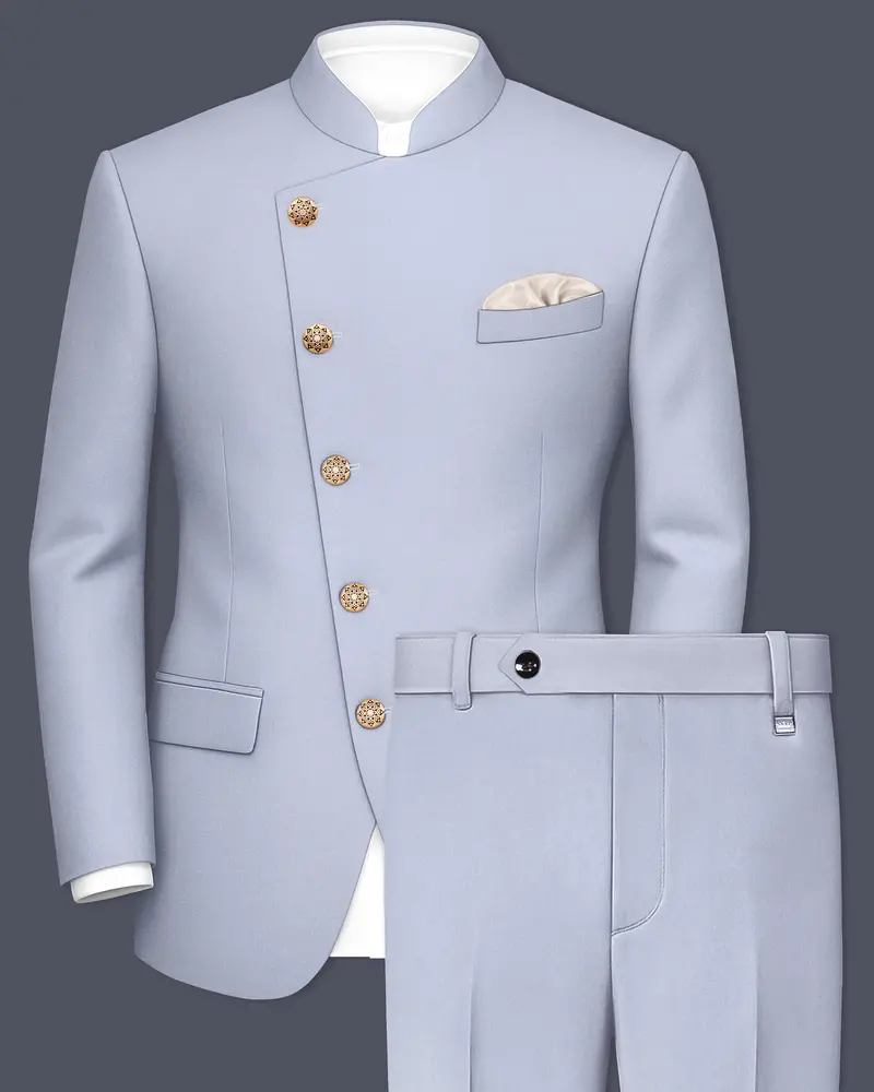 Silgrove-Loblolly Gray Wool Rich Cross Placket Bandhgala Slight Stretch Suit 1