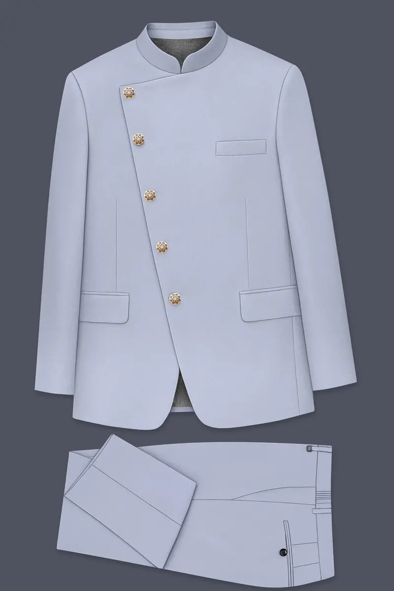 Silgrove-Loblolly Gray Wool Rich Cross Placket Bandhgala Slight Stretch Suit 10