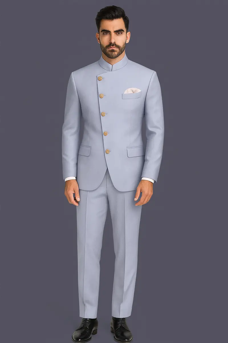 Silgrove-Loblolly Gray Wool Rich Cross Placket Bandhgala Slight Stretch Suit 18