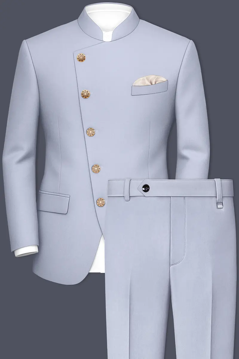 Silgrove-Loblolly Gray Wool Rich Cross Placket Bandhgala Slight Stretch Suit 2