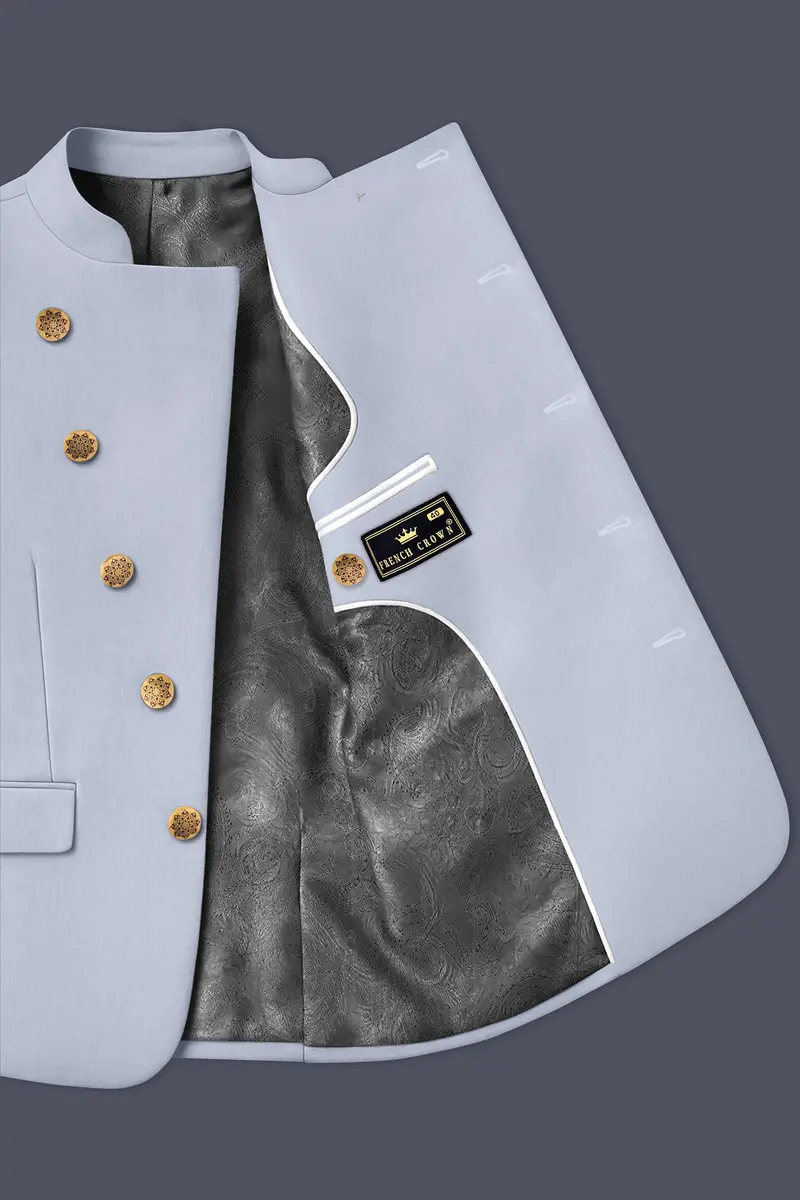 Silgrove-Loblolly Gray Wool Rich Cross Placket Bandhgala Slight Stretch Suit 5