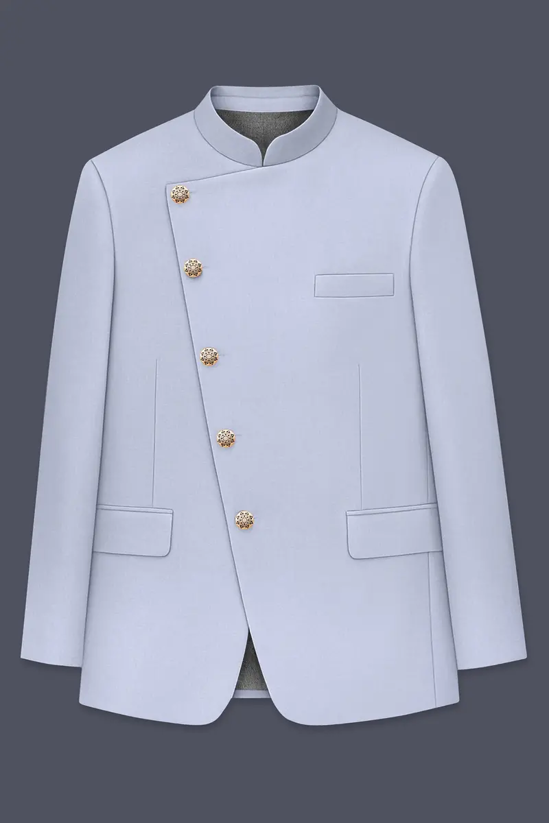 Silgrove-Loblolly Gray Wool Rich Cross Placket Bandhgala Slight Stretch Suit 7