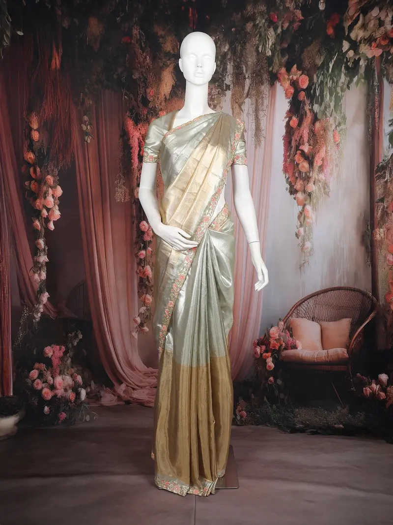 Silver And Gold Solid Design Tissue Silk Saree With Designer Border 1
