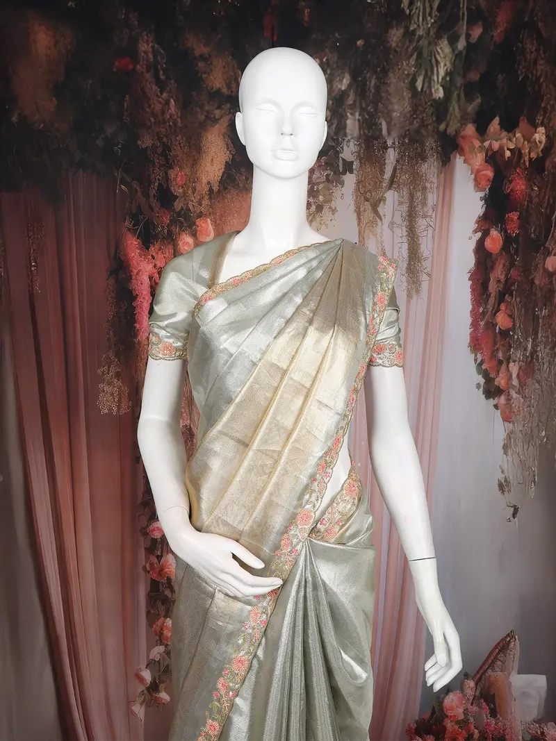 Silver And Gold Solid Design Tissue Silk Saree With Designer Border 2