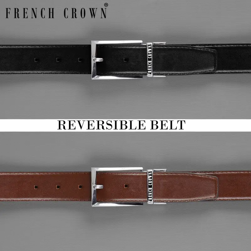 Silver Buckled Reversible Jade Black And Brown Vegan Leather Handcrafted Belt 1