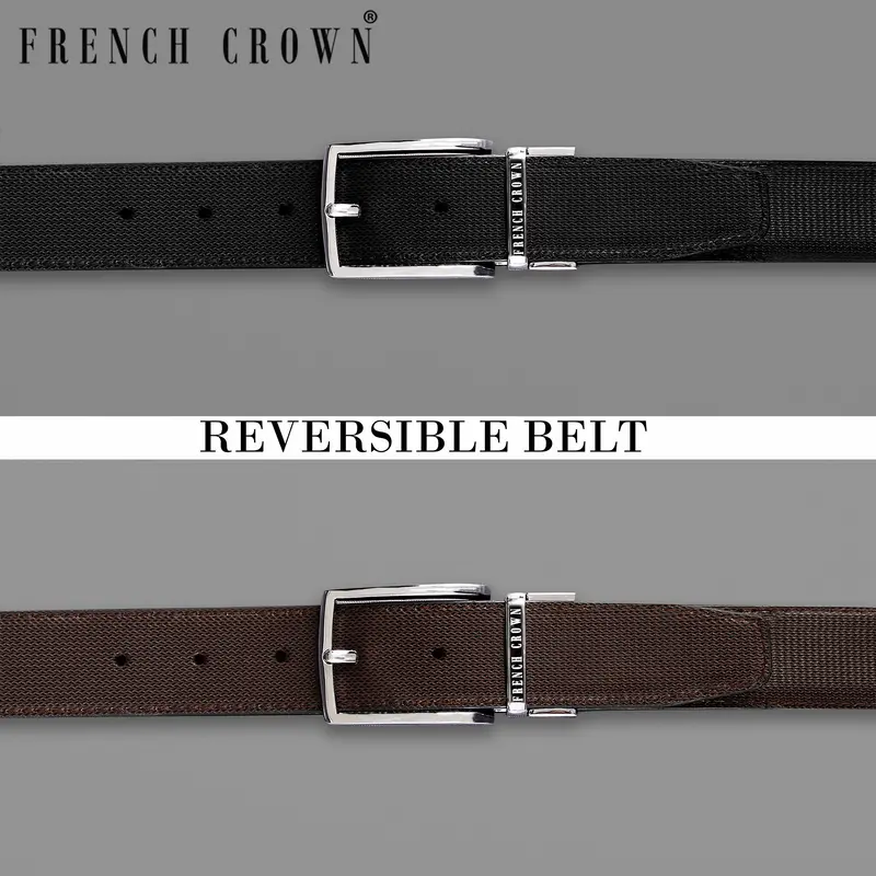 Silver  Buckled Subtle Textured Reversible Jade Black And Brown Vegan Leather Handcrafted Belt 1