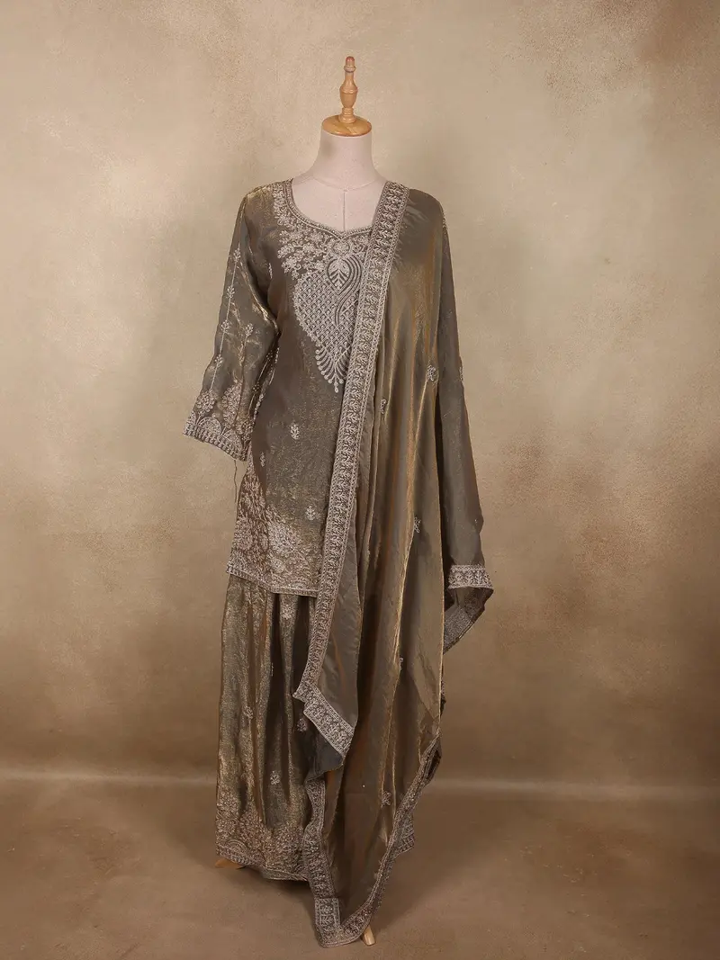 Silver Grey Floral Beads Embroidered Design Organza Palazzo Suit With Dupatta 1