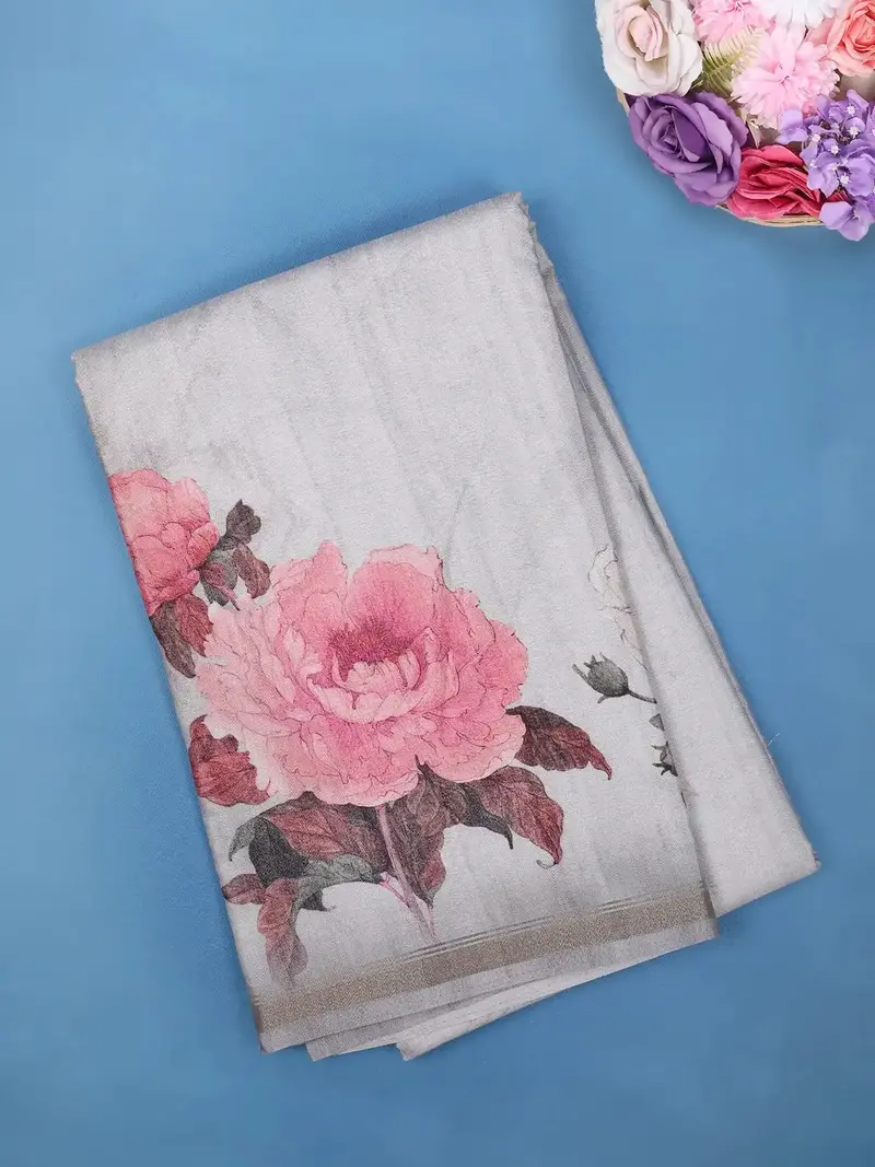 Silver Grey Floral Design Printed Cotton Saree 1
