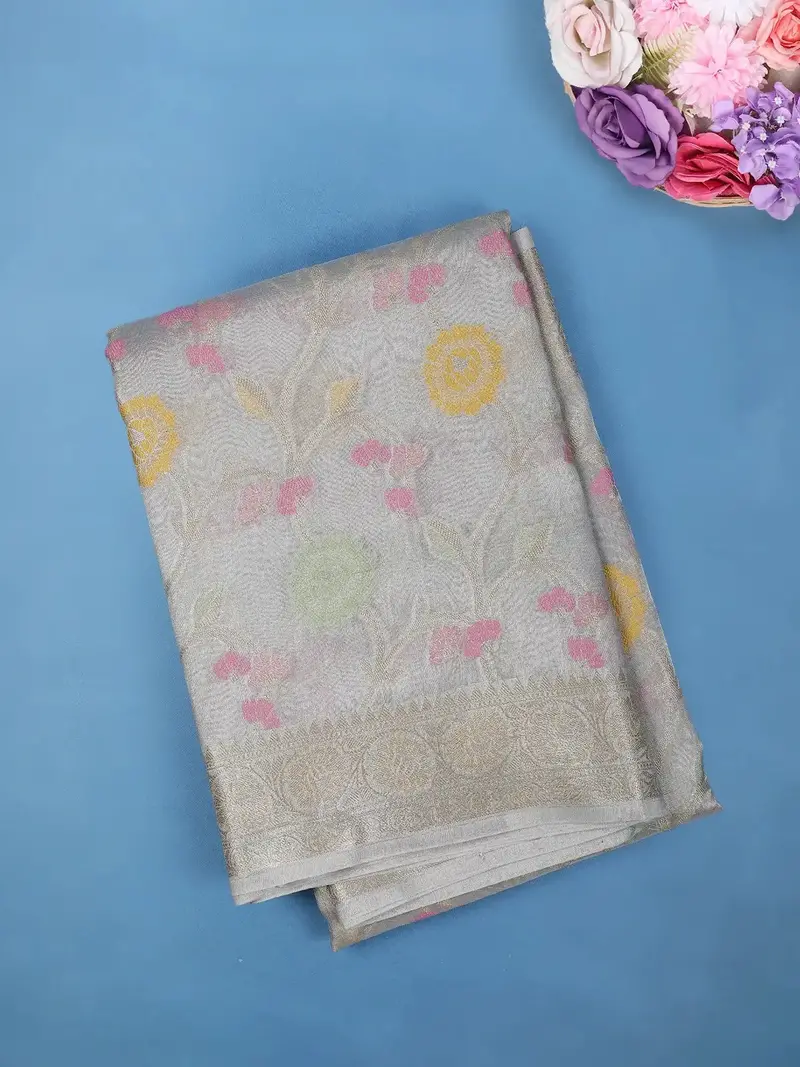 Silver Grey Floral Design Tissue Silk Saree 1