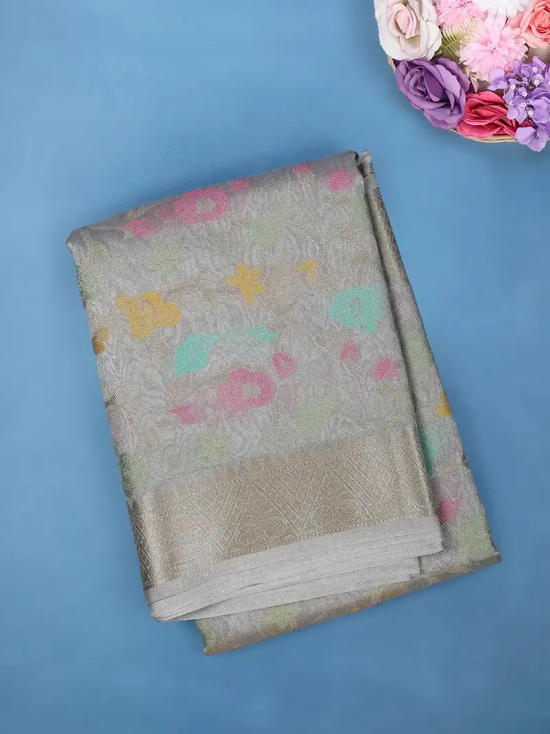 Silver Grey Floral Design Woven Tissue Silk Saree 1