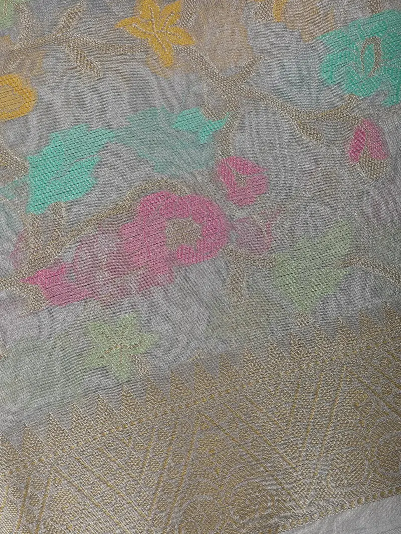 Silver Grey Floral Design Woven Tissue Silk Saree 2
