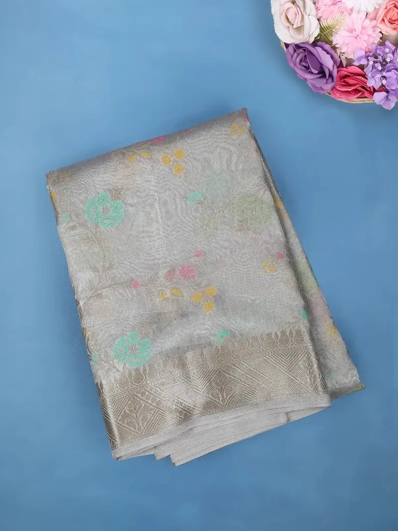 Silver Grey Floral Design Zari Work Tissue Silk Saree 1
