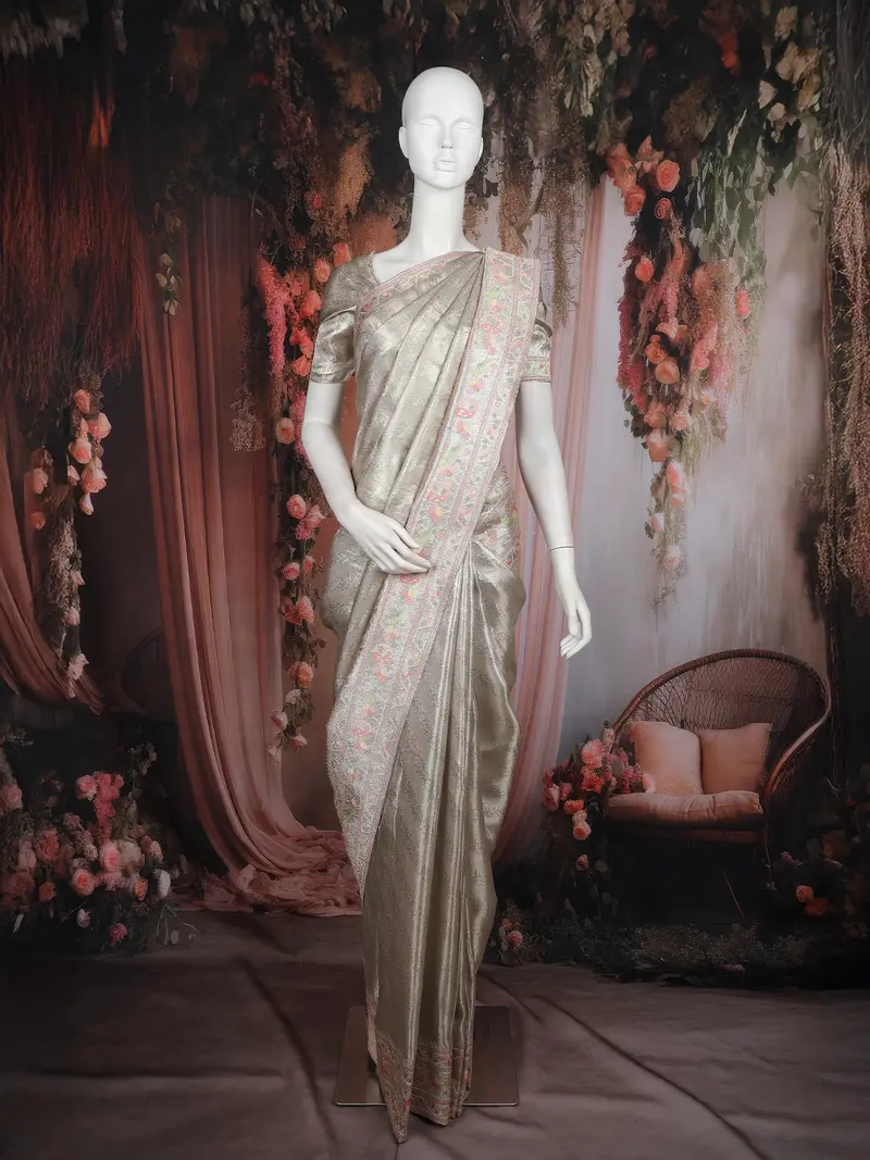 Silver Grey Floral Jacquard Woven Pure Tissue Silk Saree With Pastel Designer Border 1