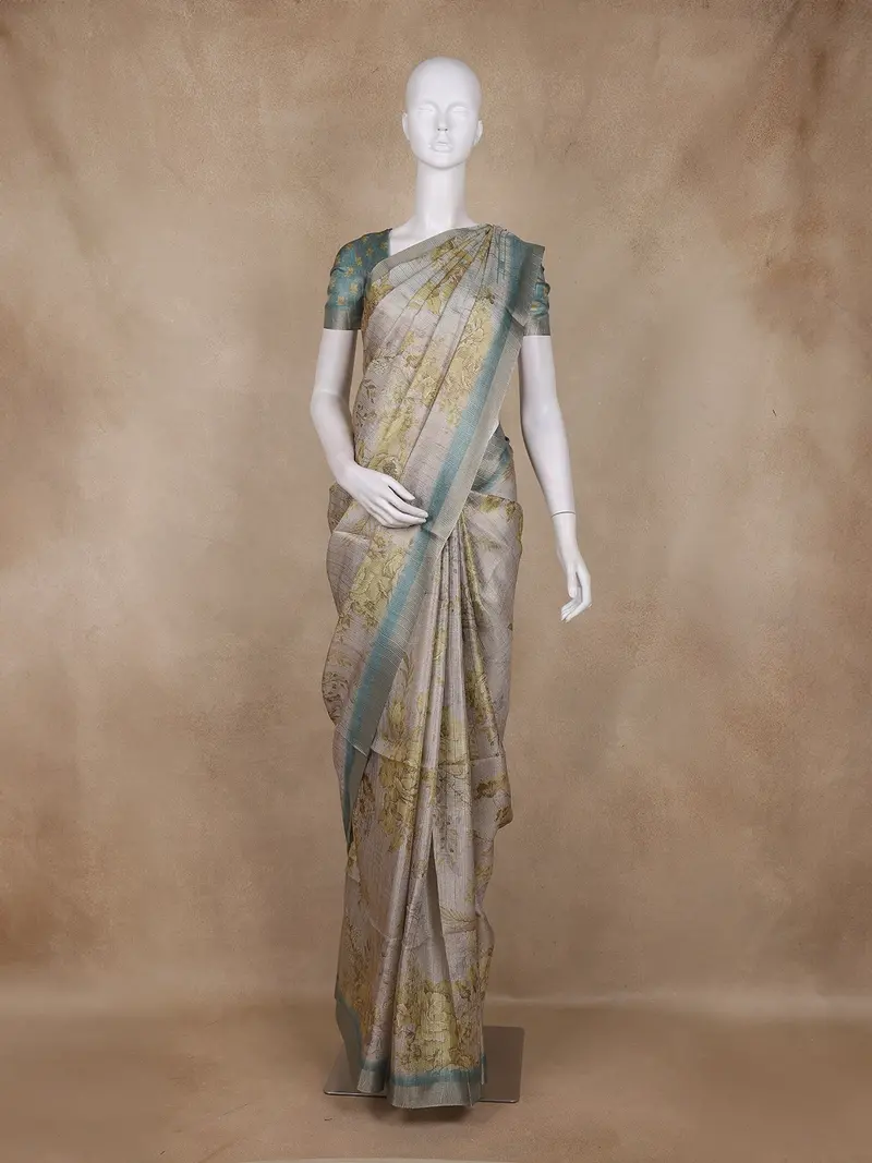 Silver Grey Floral Printed Design Tissue Silk Saree With Zari Border 1