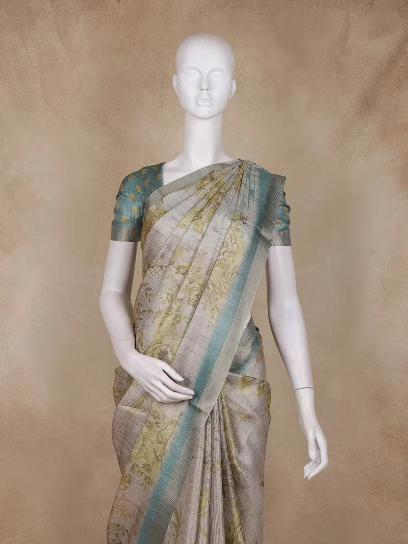 Silver Grey Floral Printed Design Tissue Silk Saree With Zari Border 2