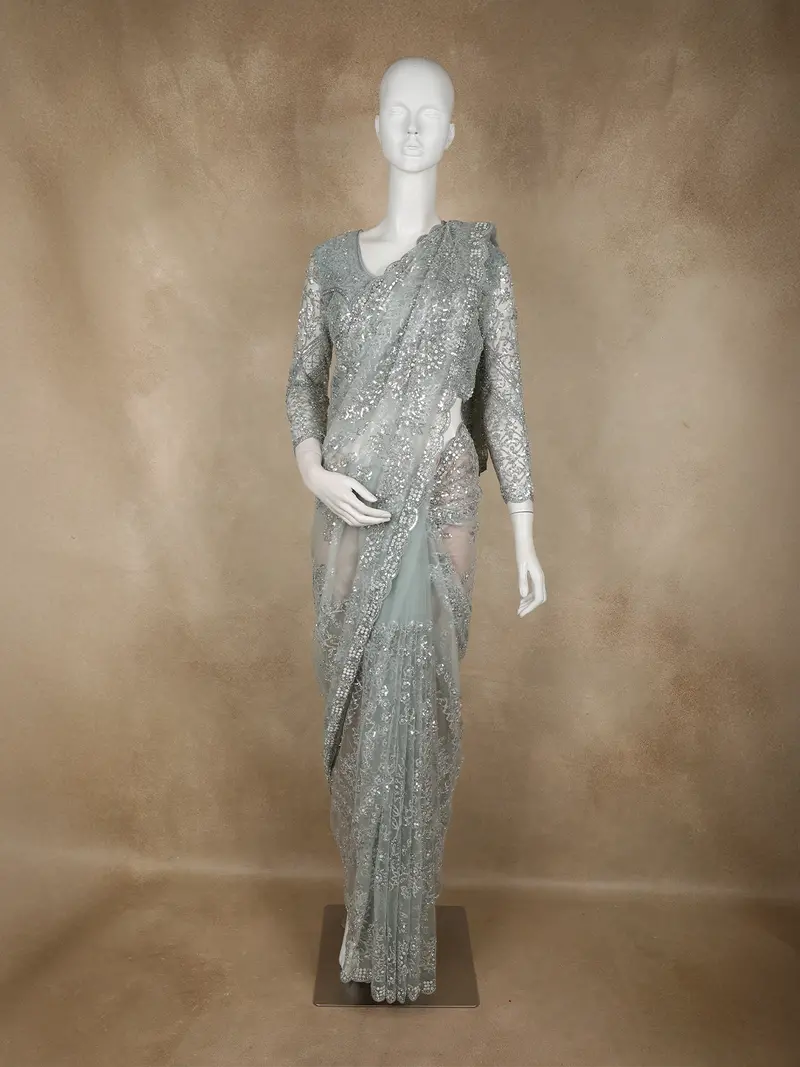 Silver Grey Floral Sequins Embroidered Design Net Designer Saree With Full Sleeve Blouse 1