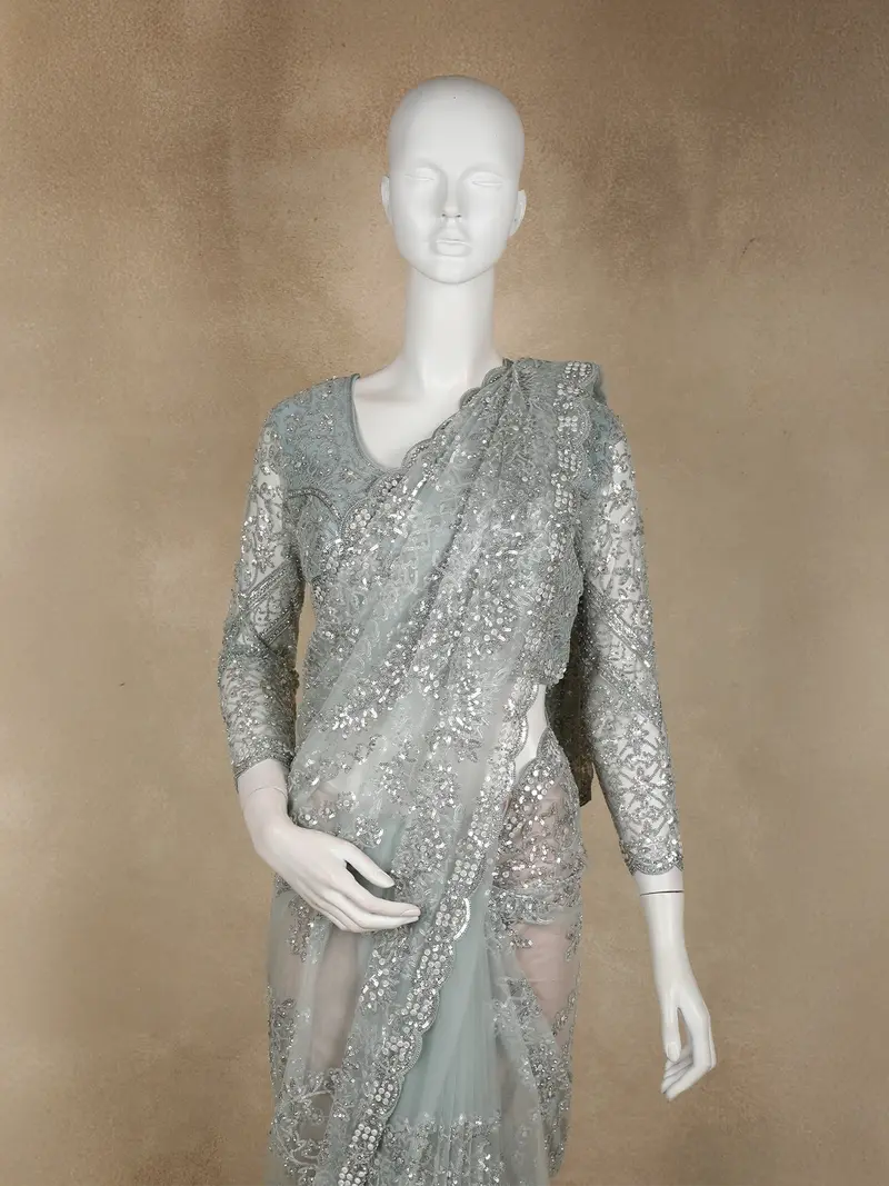 Silver Grey Floral Sequins Embroidered Design Net Designer Saree With Full Sleeve Blouse 2