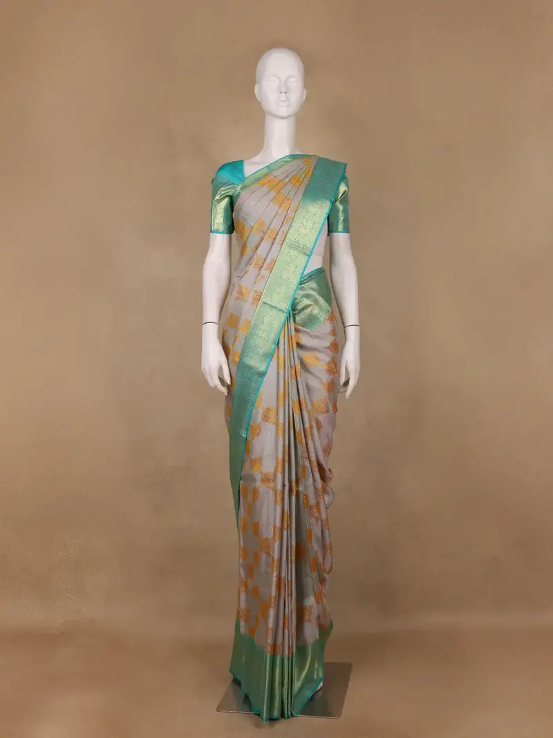 Silver Grey Floral Woven Pure Kanchipuram Silk Saree 1