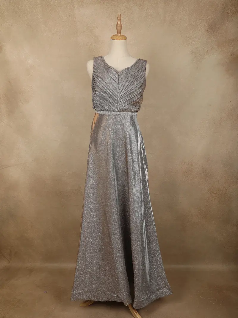 Silver Grey Glitter Embellished Design Net Party Wear Gown With Waist Belt 1