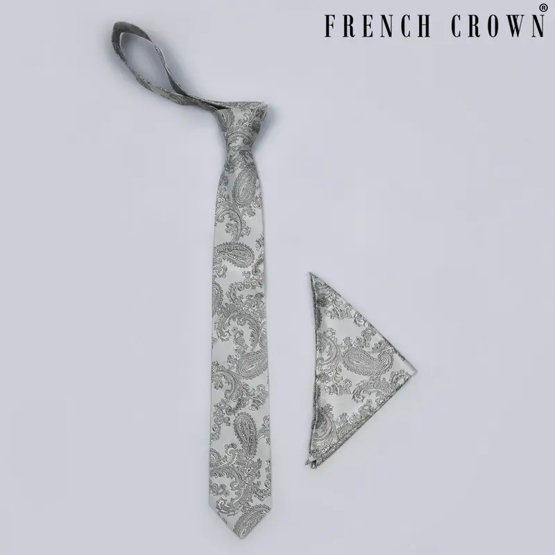 Silver Grey Paisley Jacquard Tie With Free Pocket Square 1