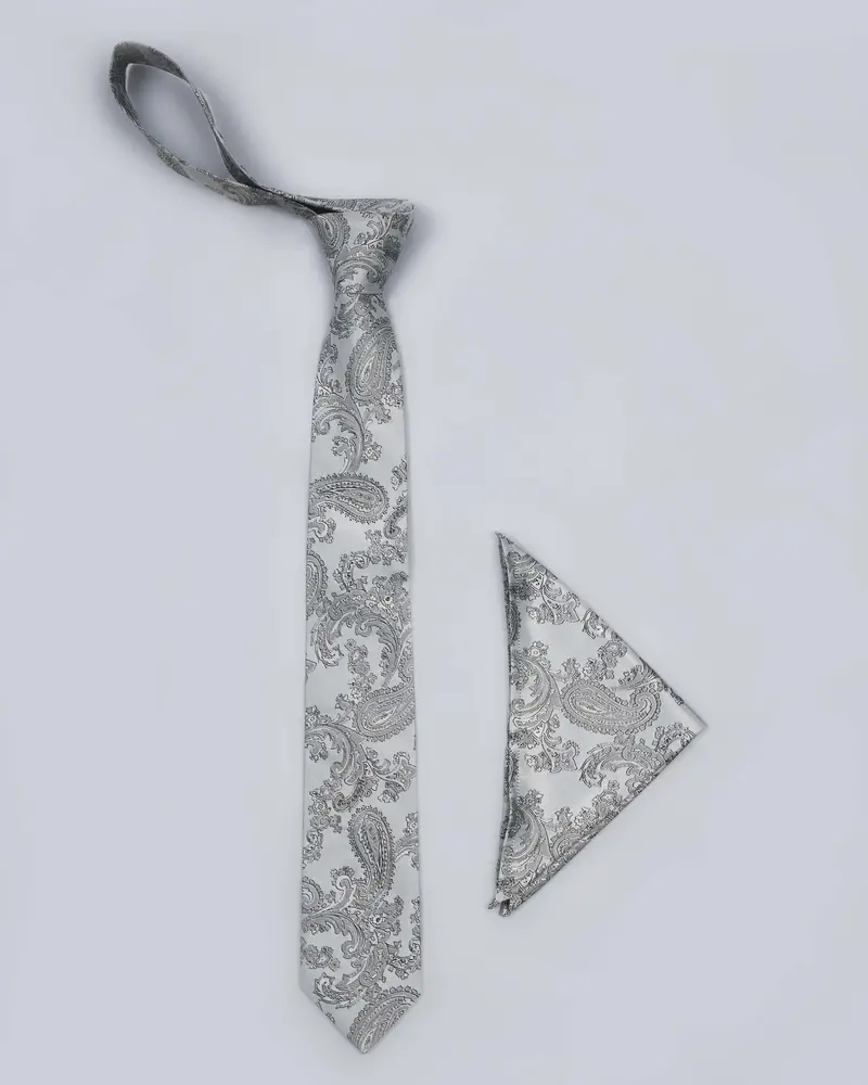 Silver Grey Paisley Jacquard Tie With Free Pocket Square 2