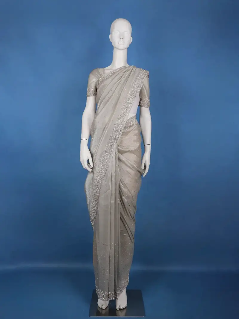 Silver Grey Sequins Beaded Embllishment Organza Saree 1