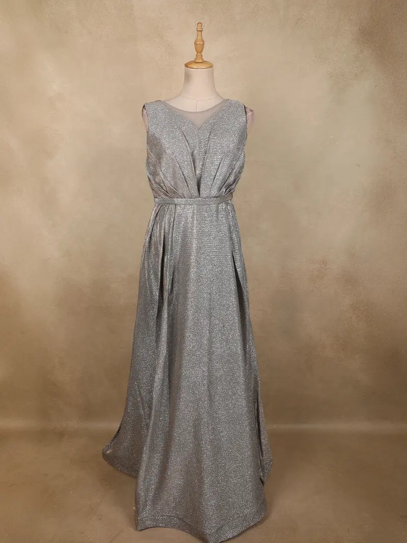 Silver Grey Shimmer Solid And Glitter Design Party Wear Gown With With Pleated Bodice 1