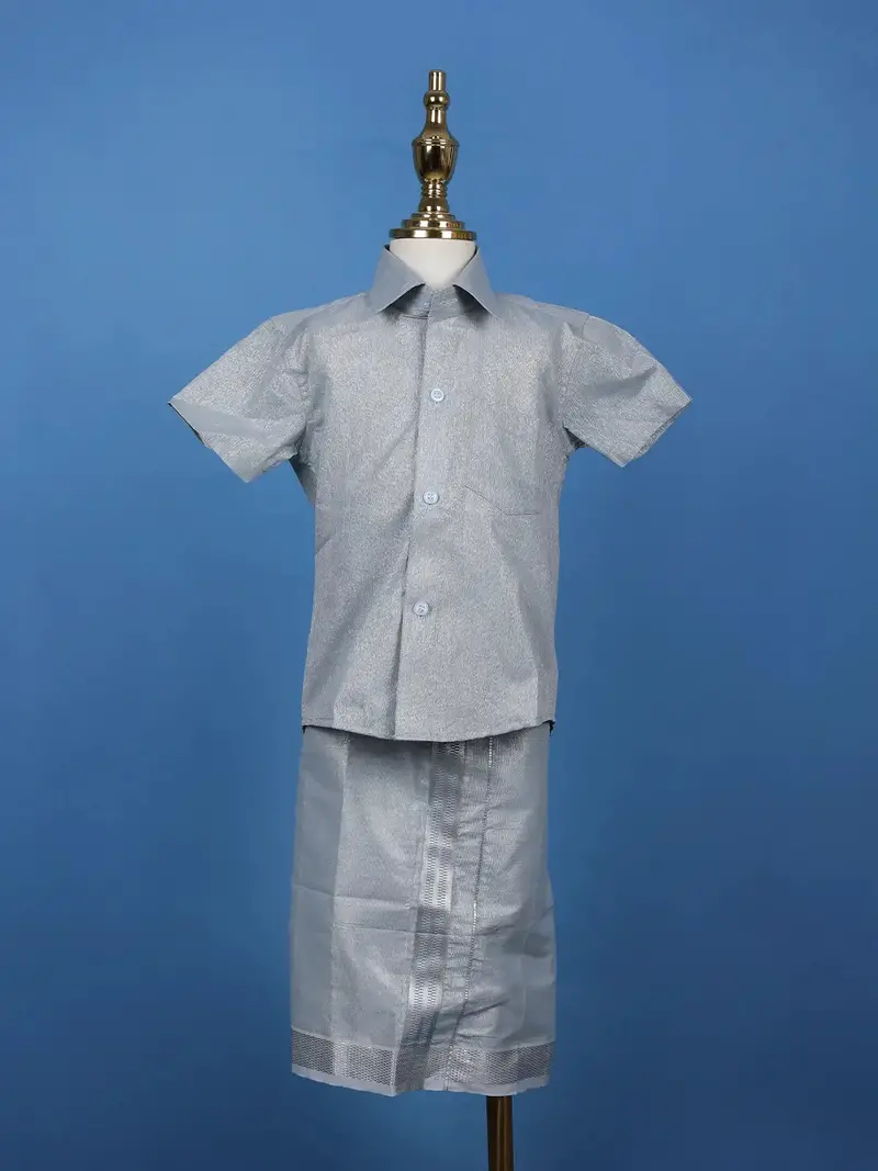 Silver Grey Silk Dhoti With Matching Half Sleeve Shirt 1