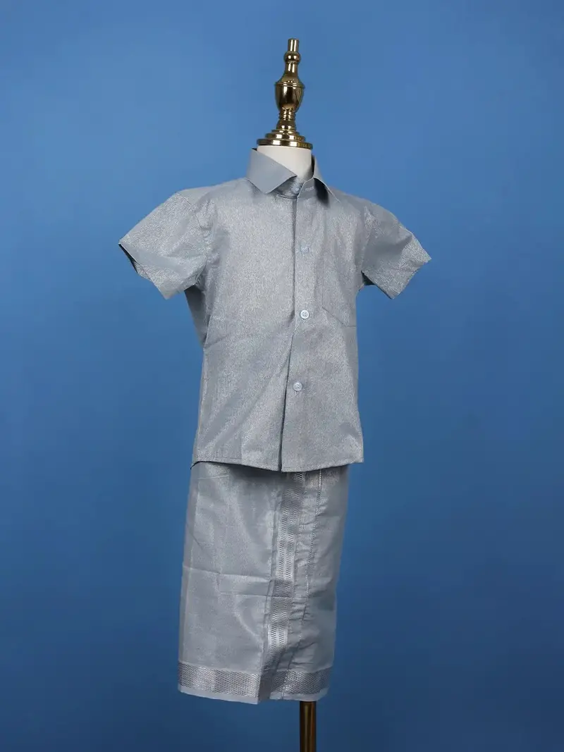 Silver Grey Silk Dhoti With Matching Half Sleeve Shirt 2