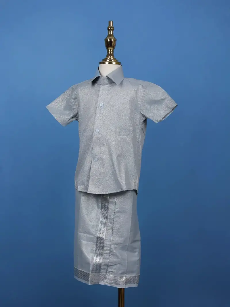 Silver Grey Silk Dhoti With Matching Half Sleeve Shirt 3