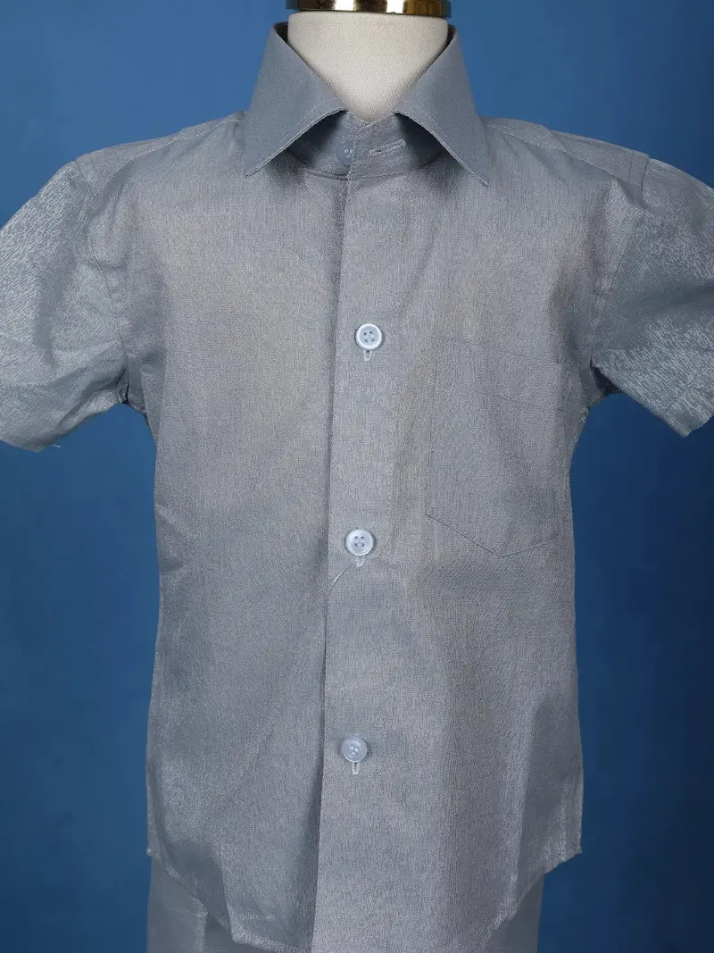 Silver Grey Silk Dhoti With Matching Half Sleeve Shirt 4