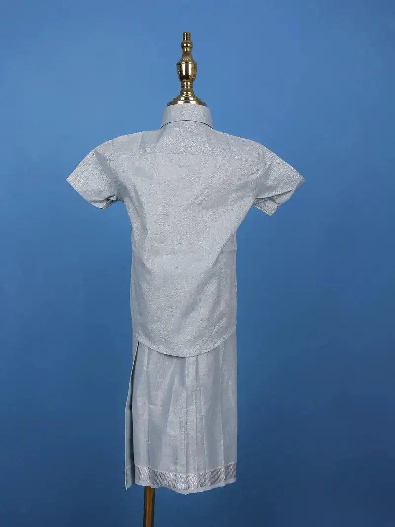 Silver Grey Silk Dhoti With Matching Half Sleeve Shirt 6