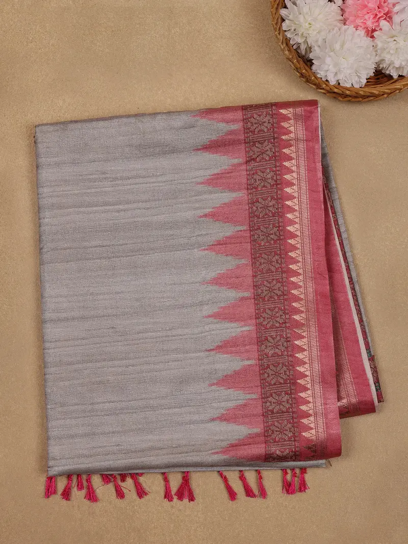 Silver Grey Solid Designed Semi Tussar Saree 1