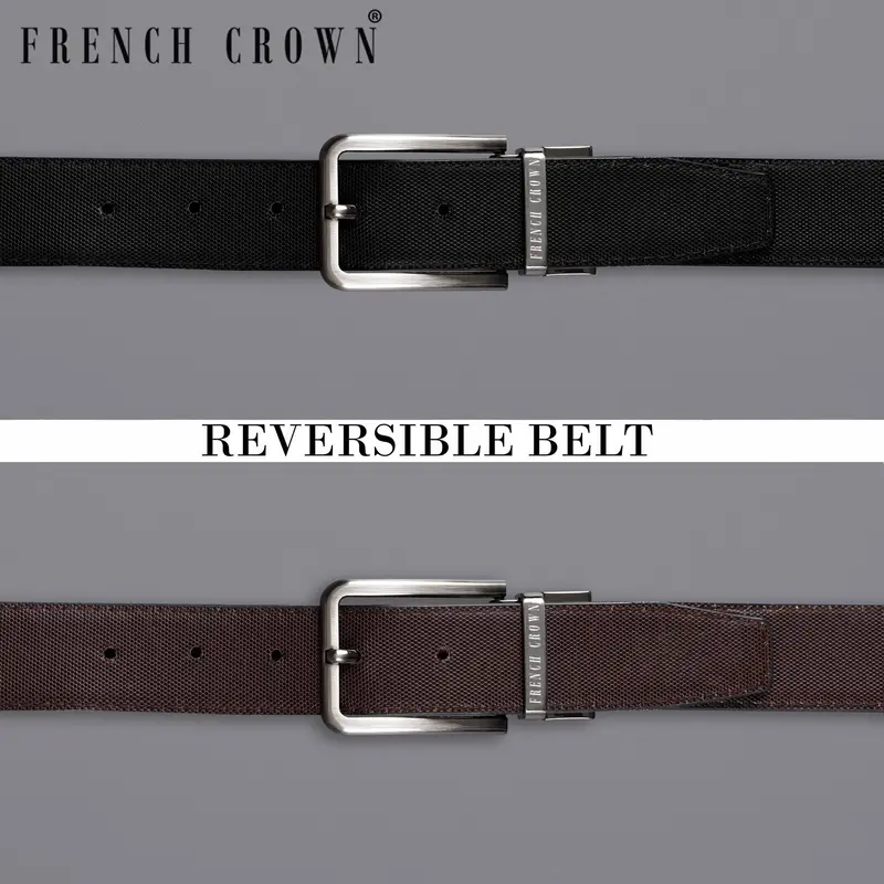 Silver Metallic Shiny Buckle With Jade Black And Brown Leather Free Handcrafted Reversible Belt 1
