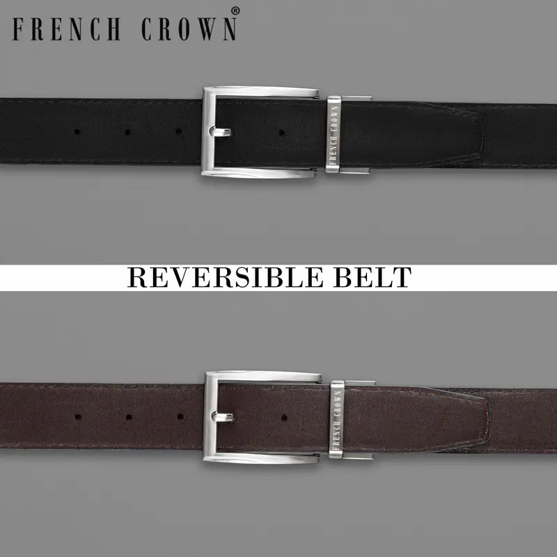 Silver Metallic Shiny Buckle With Jade Black And Brown Leather Free Handcrafted Reversible Belt 1