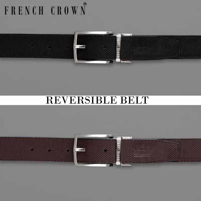Silver Metallic Shiny Buckle With Jade Black And Brown Leather Free Handcrafted Reversible Belt 1