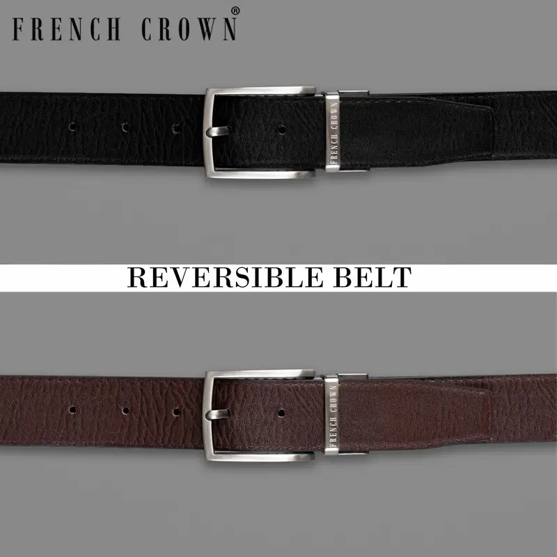 Silver Metallic Shiny Buckle With Jade Black And Brown Leather Free Handcrafted Reversible Belt 1