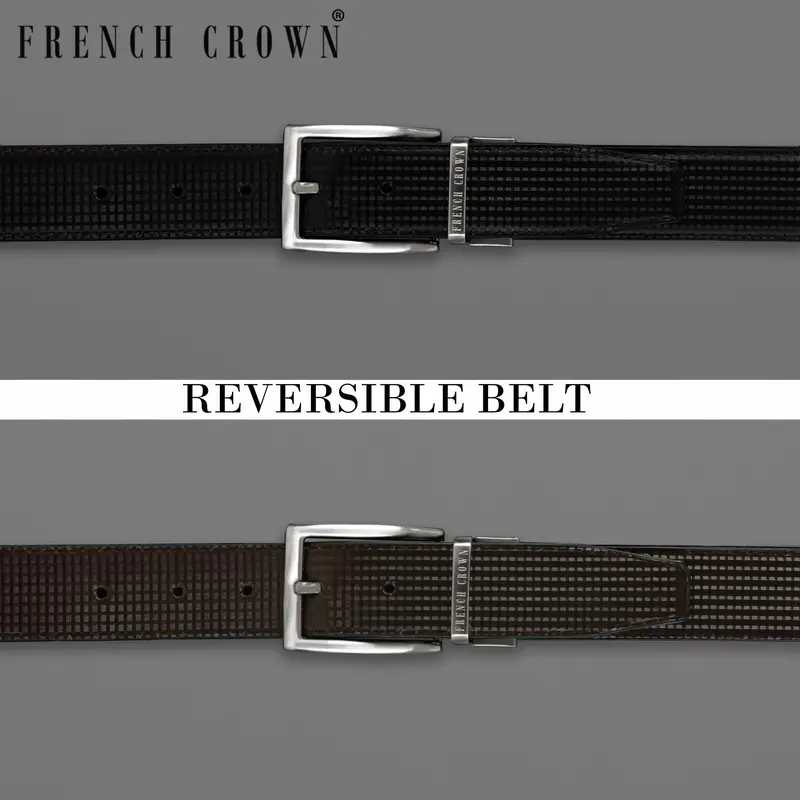 Silver Metallic Shiny Buckle With Jade Black And Dark Brown Leather Free Handcrafted Reversible Belt 1