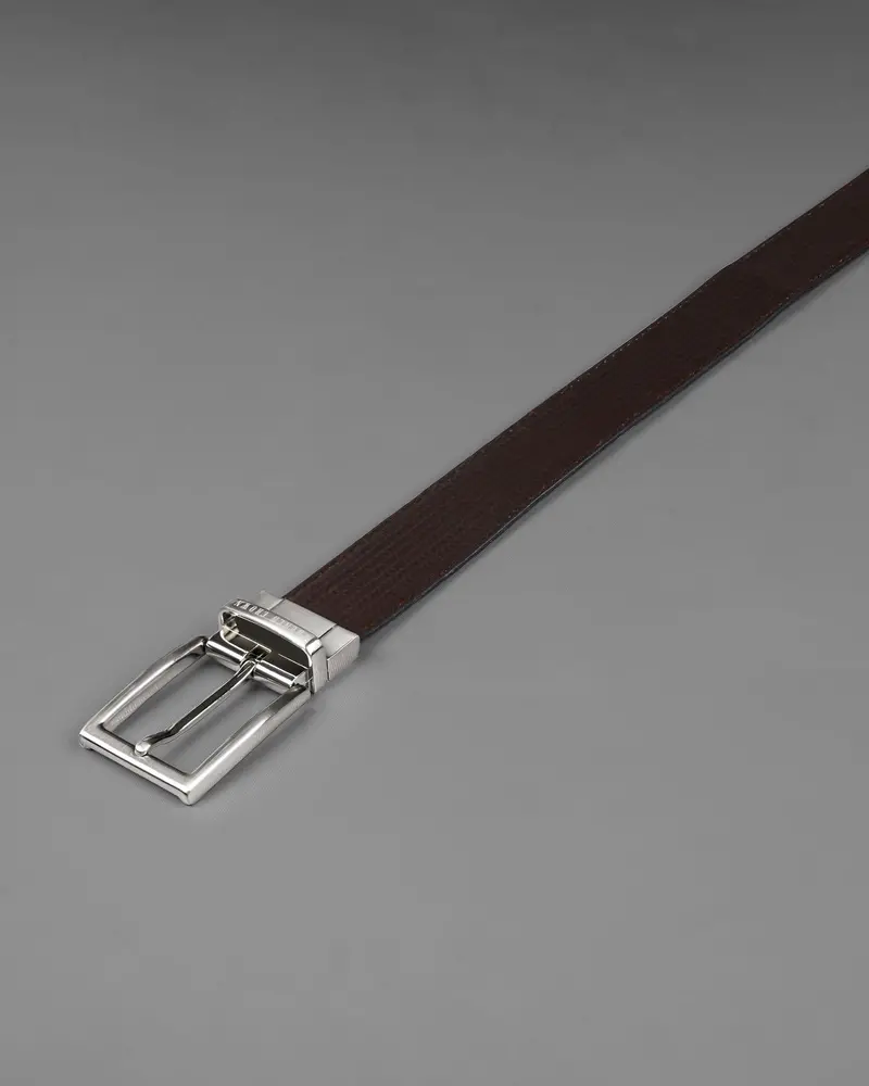 Silver Metallic Shiny Buckle With Jade Black And Dark Brown Leather Free Handcrafted Reversible Belt 6