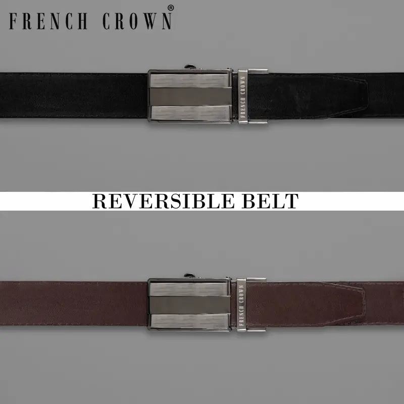Silver Metallic With Golden Shiny Box Buckle With Jade Black And Brown Leather Free Handcrafted Reversible Belt 1