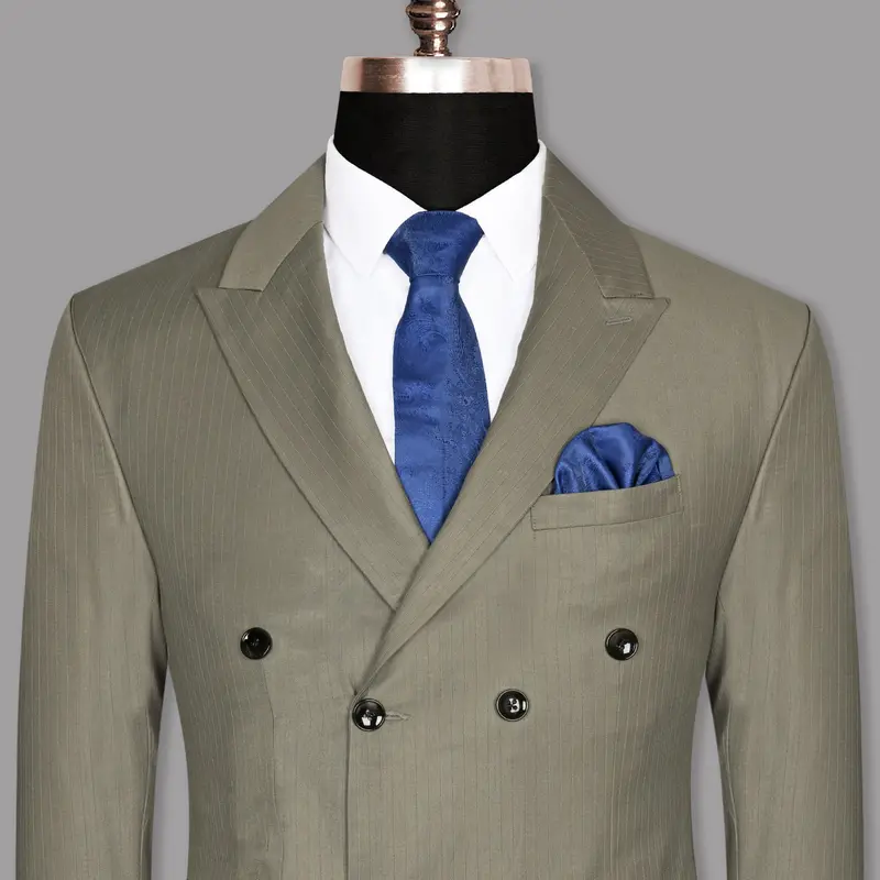 Silver Pinstriped Wool Blend Double Breasted Blazer 1
