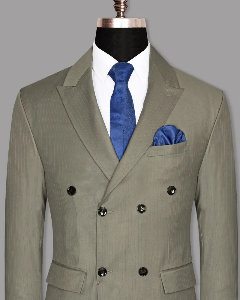 Silver Pinstriped Wool Blend Double Breasted Blazer 2