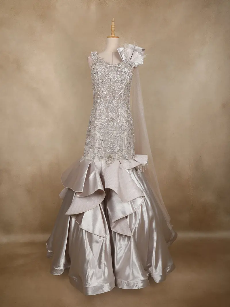 Silver Sequins And Beads Embellished Design Net Mermaid Gown With Shoulder Bow Detail 1